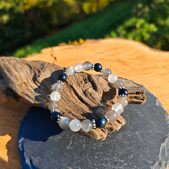 Edelstein Armband BEWUSST SEIN & WEITBLICK Mondstein Falkenauge S925 8mm