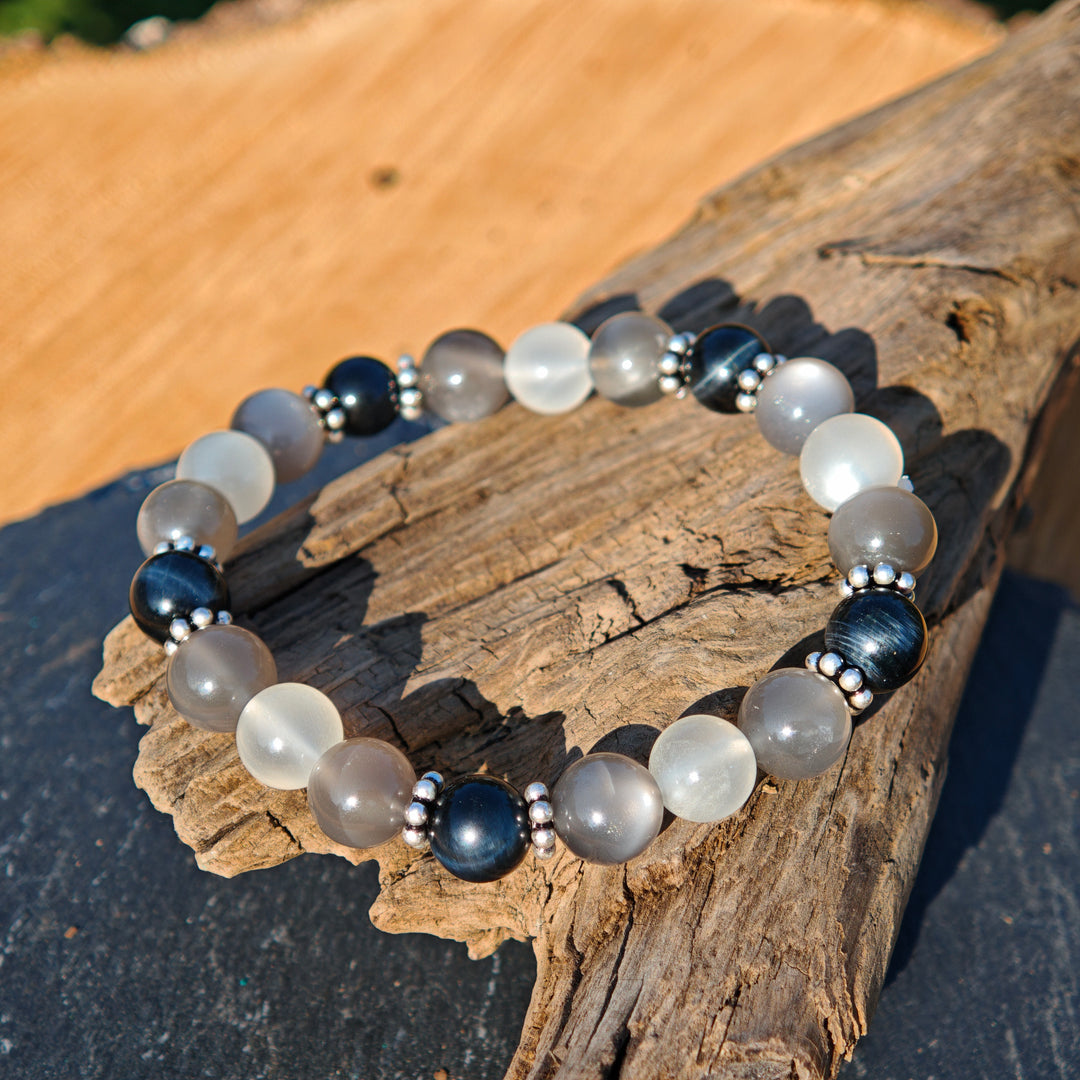 Edelstein Armband BEWUSST SEIN & WEITBLICK Mondstein Falkenauge S925 8mm