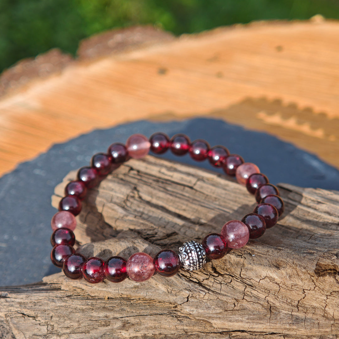 Edelstein Armband WIDERSTANDS-& LICHTKRAFT Granat Red Healer Erdbeerquarz S925 Kugel 6mm