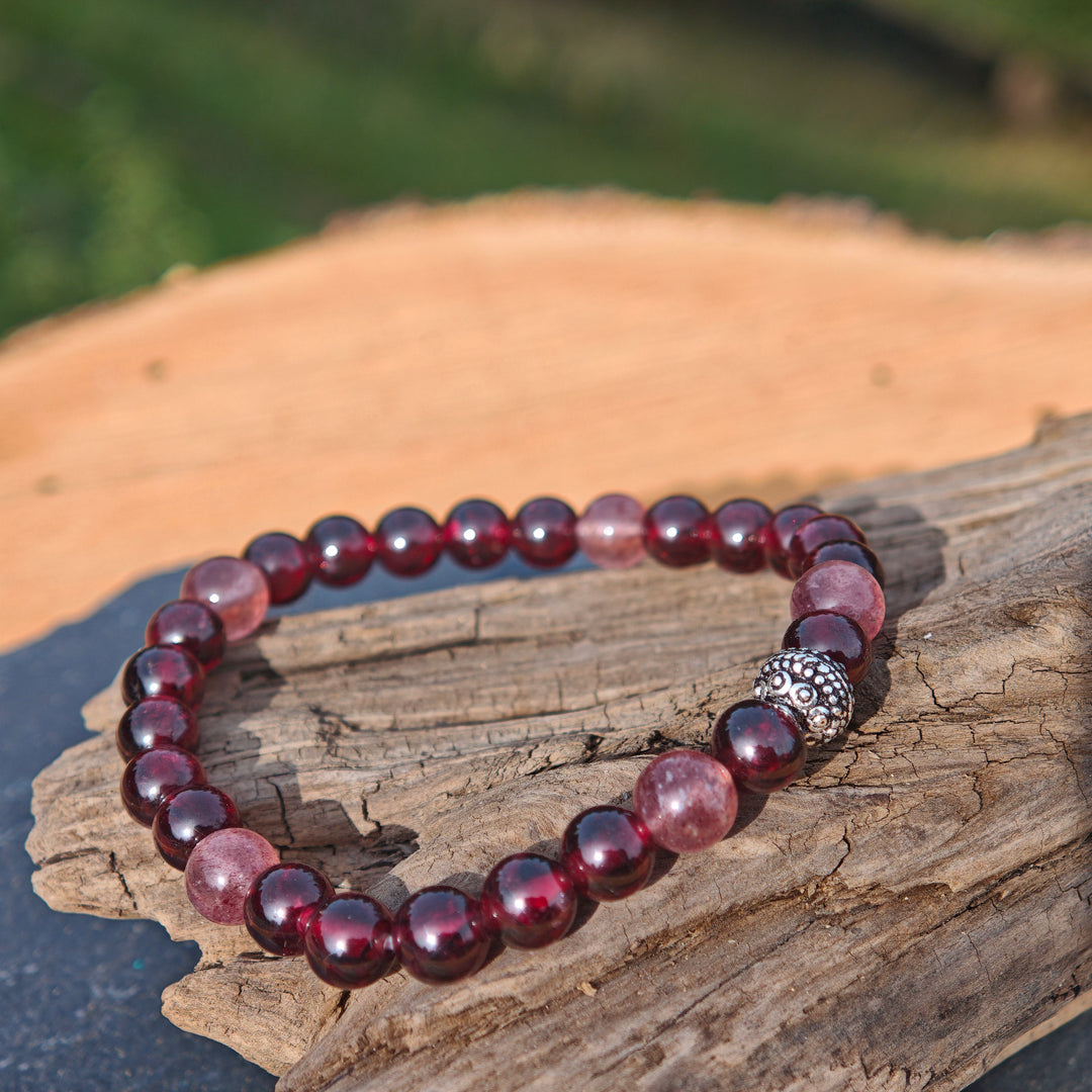 Edelstein Armband WIDERSTANDS-& LICHTKRAFT Granat Red Healer Erdbeerquarz S925 Kugel 6mm