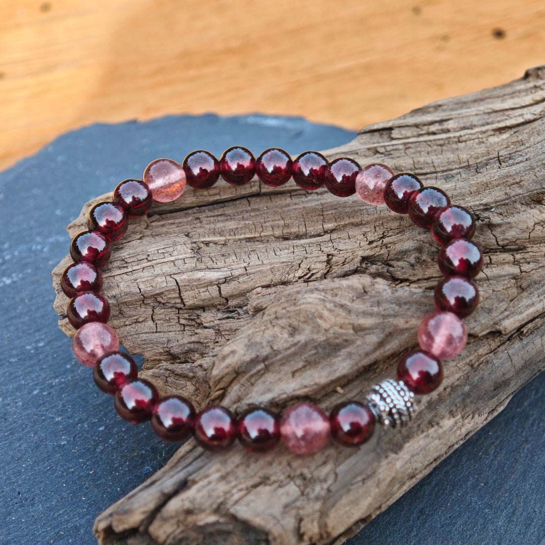 Edelstein Armband WIDERSTANDS-& LICHTKRAFT Granat Red Healer Erdbeerquarz S925 Kugel 6mm