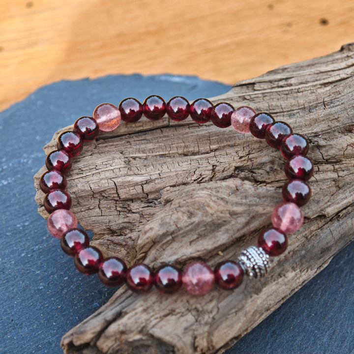 Edelstein Armband WIDERSTANDS-& LICHTKRAFT Granat Red Healer Erdbeerquarz S925 Kugel 6mm