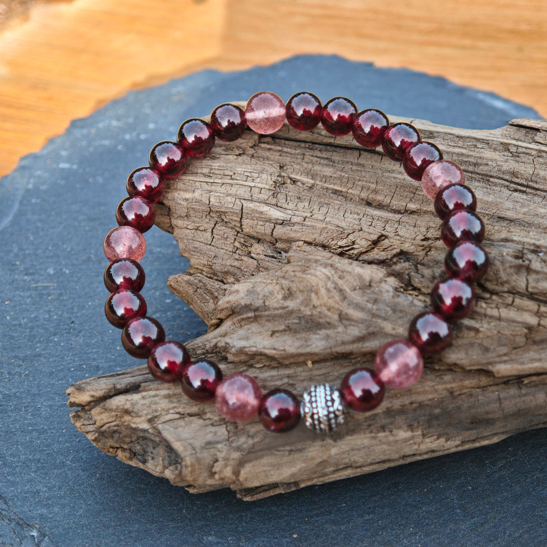 Edelstein Armband WIDERSTANDS-& LICHTKRAFT Granat Red Healer Erdbeerquarz S925 Kugel 6mm