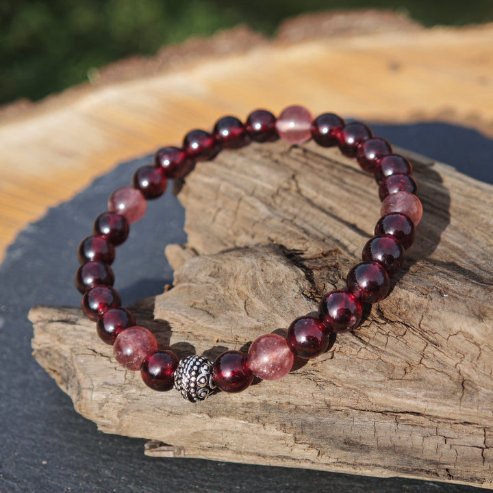 Edelstein Armband WIDERSTANDS-& LICHTKRAFT Granat Red Healer Erdbeerquarz S925 Kugel 6mm