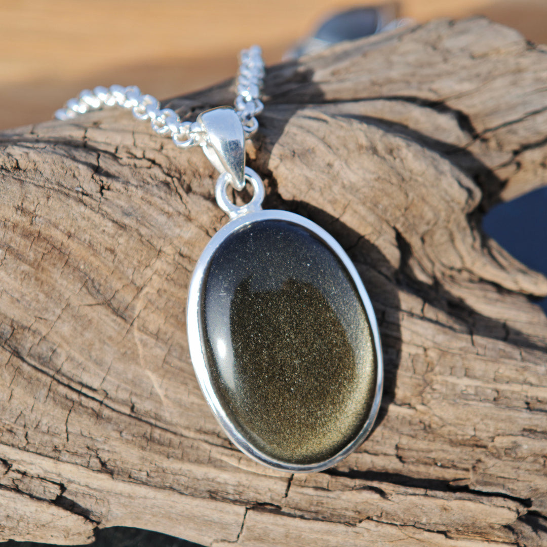 Goldschimmer Obsidian oval Anhänger gefasst in Silber 925