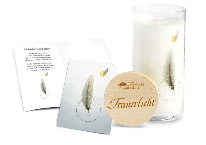 TRAUERLICHT MIT KARTE - FEDER - Die Erinnerung bleibt - Allgäuer Heilkräuter Kerze