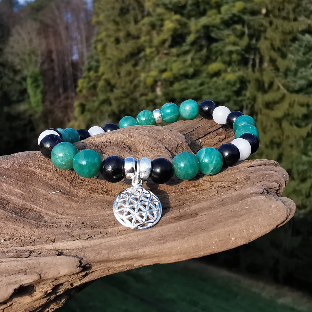 Edelstein Armband INNERE RUHE & EMF Schutz Amazonit Baryt Schwarzer Turmalin Lebensblume Charm S925 6mm