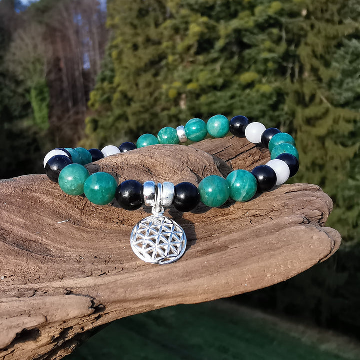Edelstein Armband INNERE RUHE & EMF Schutz Amazonit Baryt Schwarzer Turmalin Lebensblume Charm S925 6mm