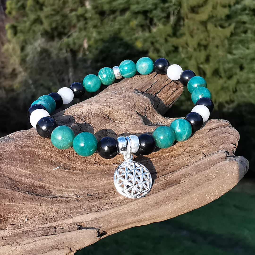 Edelstein Armband INNERE RUHE & EMF Schutz Amazonit Baryt Schwarzer Turmalin Lebensblume Charm S925 6mm