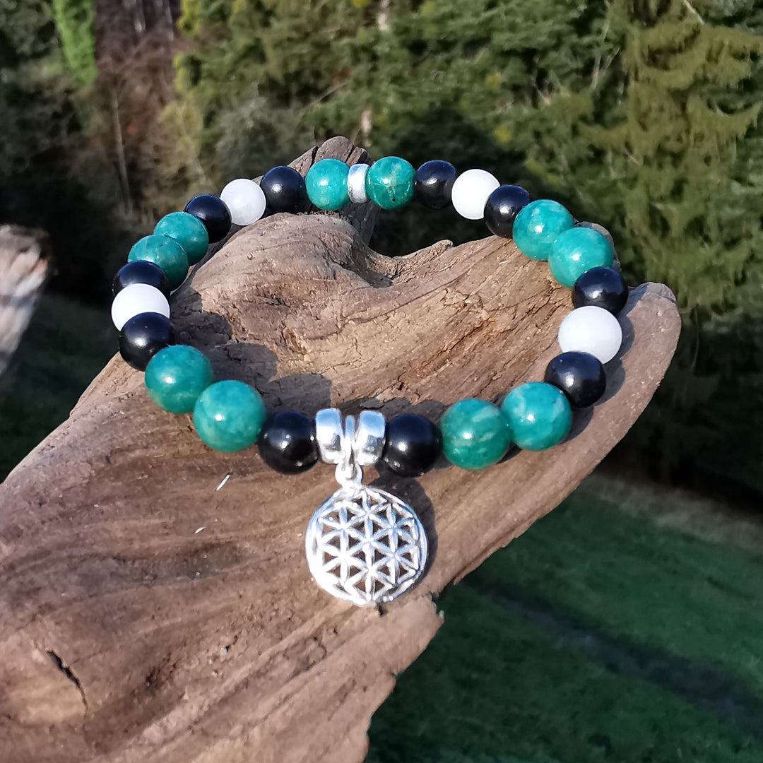 Edelstein Armband INNERE RUHE & EMF Schutz Amazonit Baryt Schwarzer Turmalin Lebensblume Charm S925 6mm