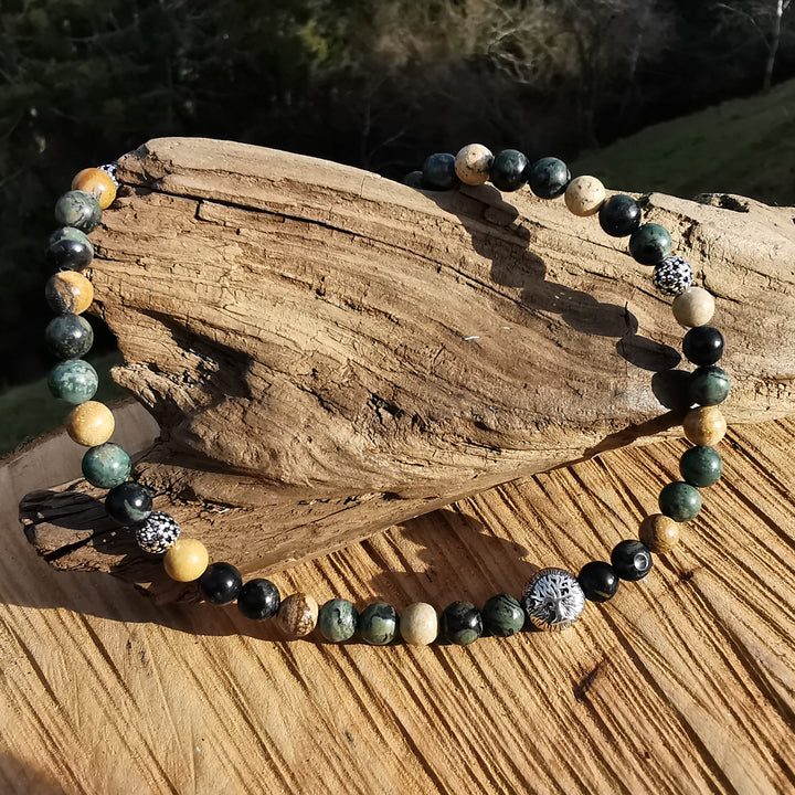 Edelsteinkette FRIEDEN mit Eldarit & Bilderjaspis S925 Lebensbaum 6mm Kugeln UNIKAT 39cm