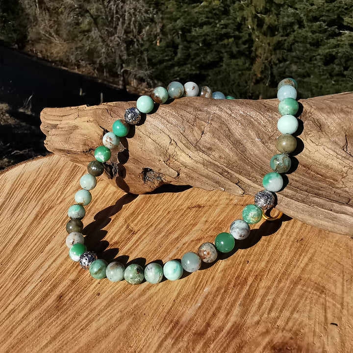Edelsteinkette INNERE HARMONIE mit Chrysopras und S925 Kugeln 8mm