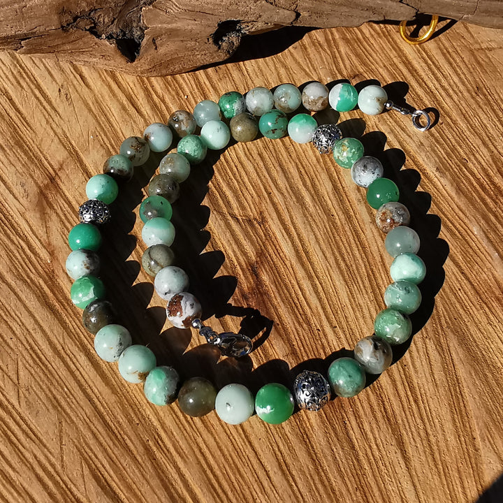 Edelsteinkette INNERE HARMONIE mit Chrysopras und S925 Kugeln 8mm