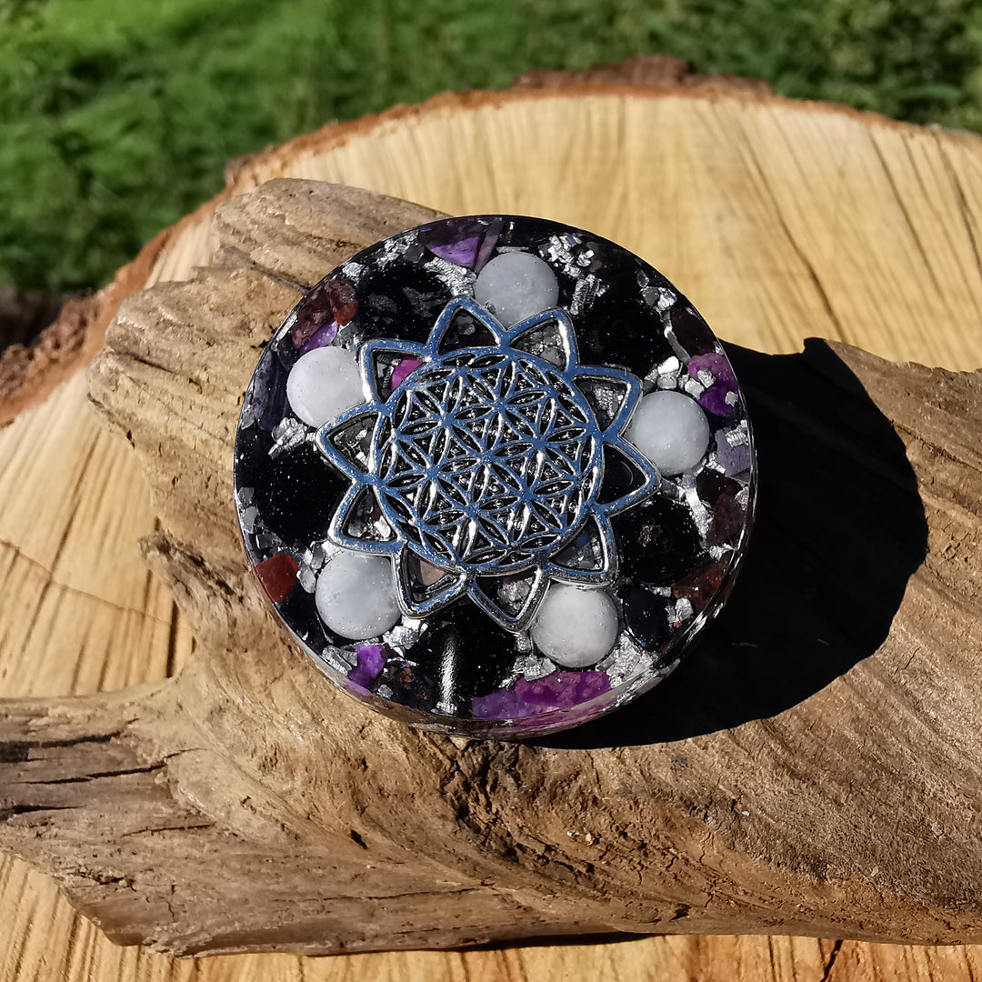 Orgone Mini Schild SPECIAL EMF PROTECTION mit E-Link Sugilith silber (noch solange Vorrat)