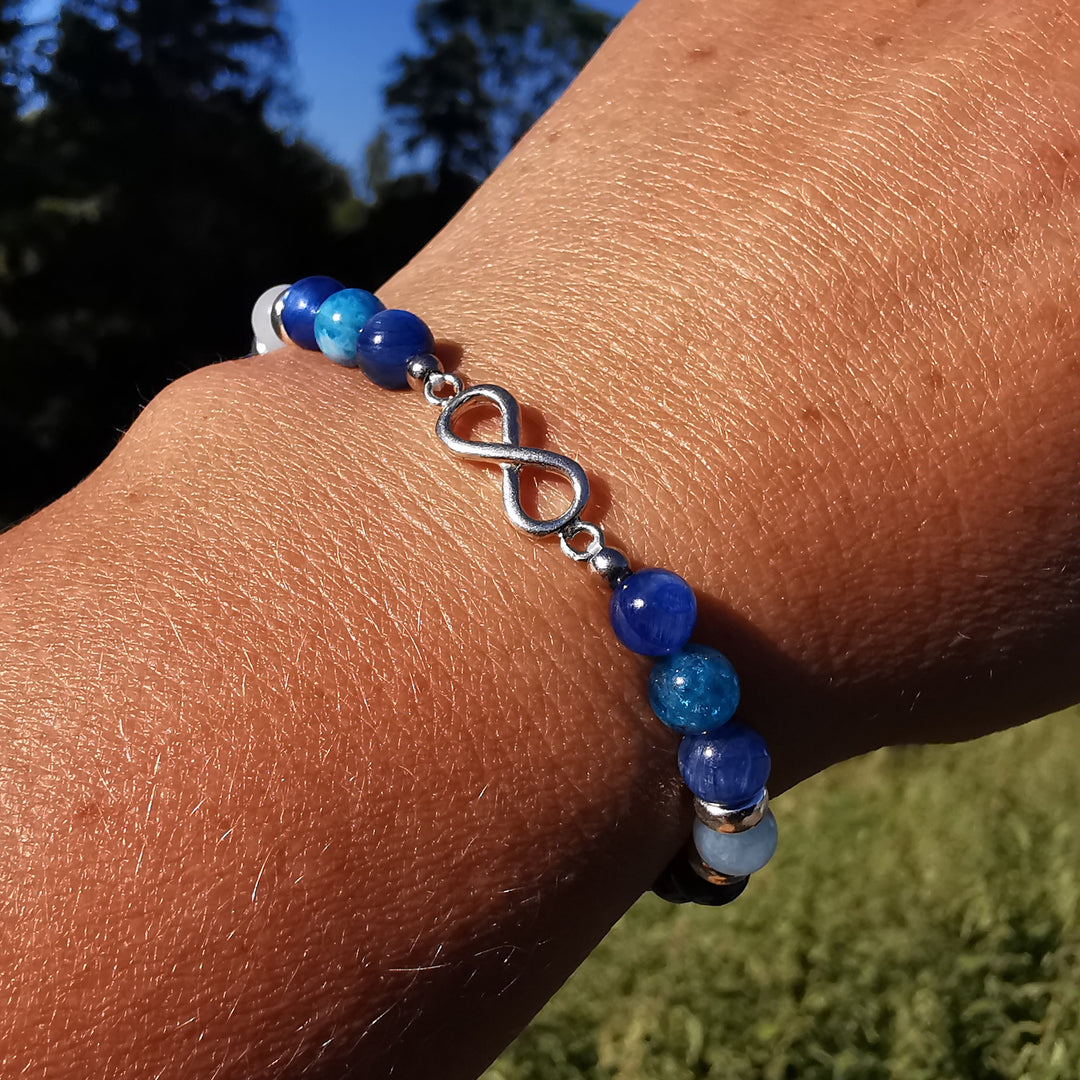 Edelstein Armband STÄRKE & VERTRAUEN Kyanit Aquamarin Apatit Infinity S925 6mm