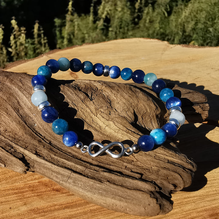 Edelstein Armband STÄRKE & VERTRAUEN Kyanit Aquamarin Apatit Infinity S925 6mm