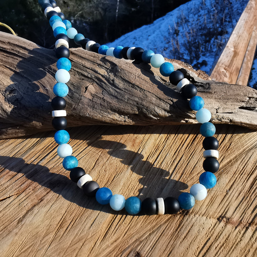 Edelsteinkette RUHE STÄRKE SCHUTZ mit Amazonit Apatit und Obsidian 8mm Kugeln