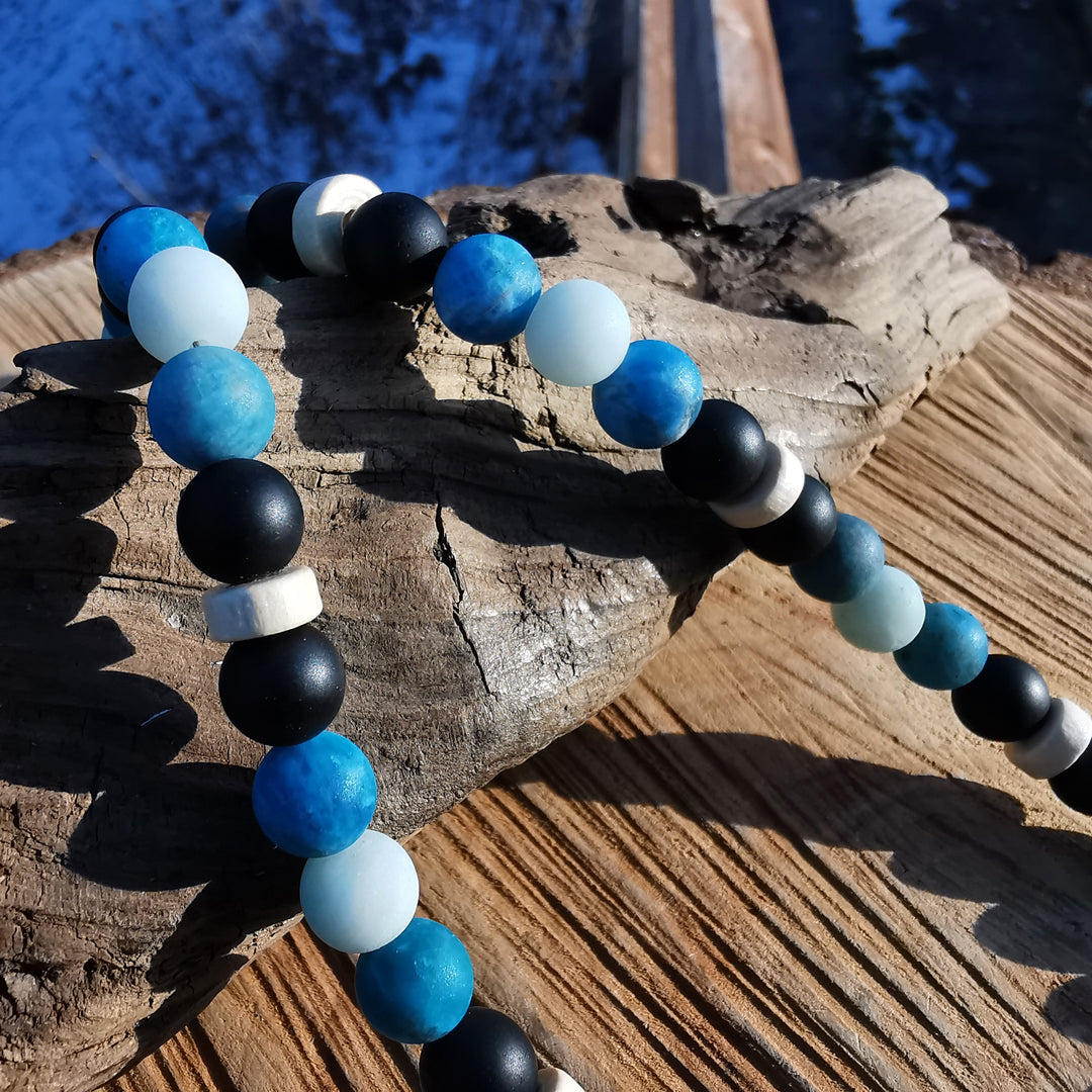 Edelsteinkette RUHE STÄRKE SCHUTZ mit Amazonit Apatit und Obsidian 8mm Kugeln