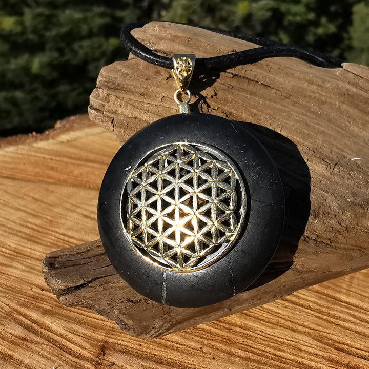 Schungit Anhänger Donut 40mm mit Donuthalter Blume des Lebens gross S925 vergoldet